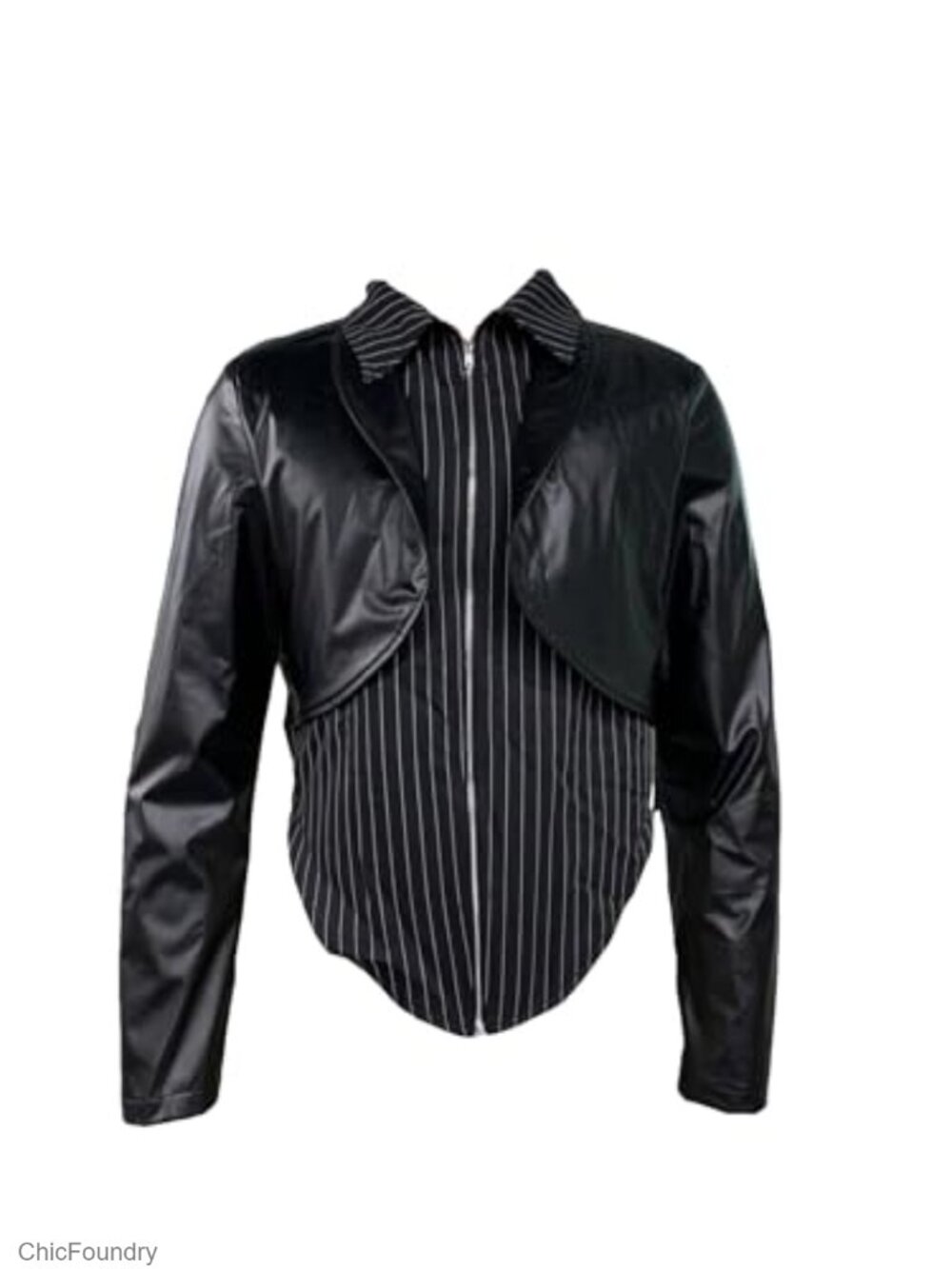 Faux Leather Striped Zip Up Jacket Lapel Long Sleeve Casual Coat
